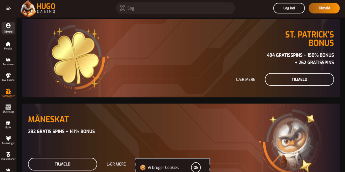 Screenshot af Hugo Casino hjemmeside med spiludvalg