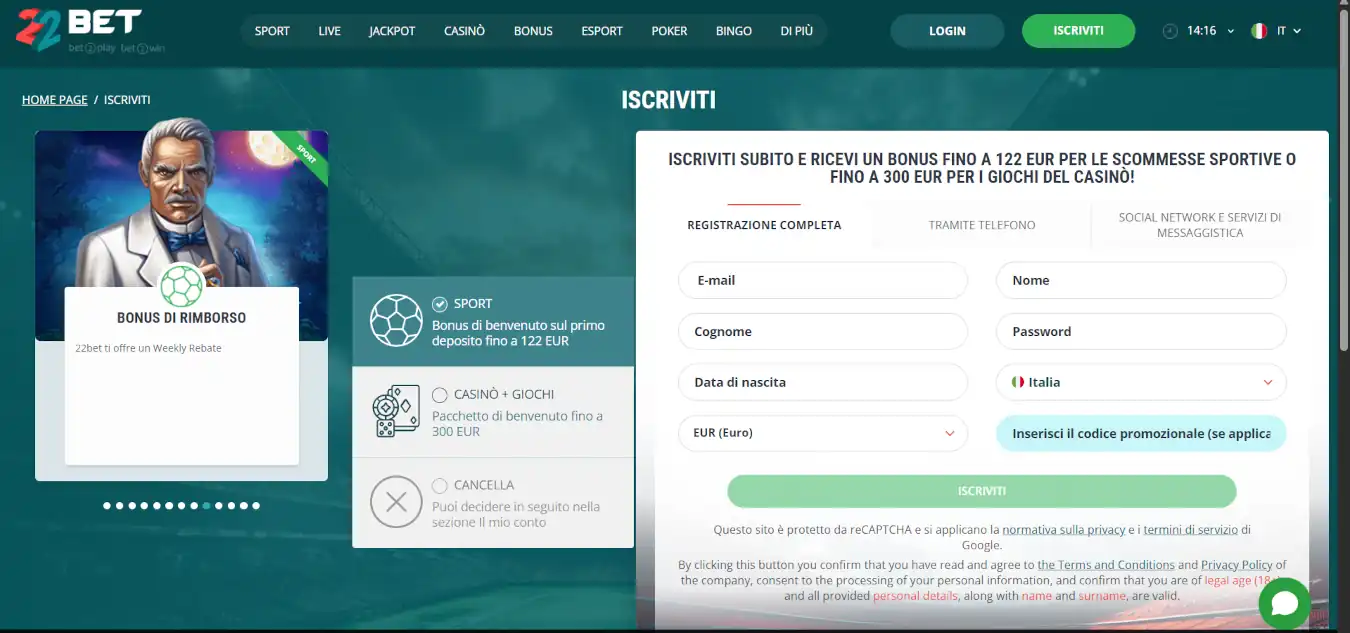22Bet sito non AAMS deposito minimo 5 euro