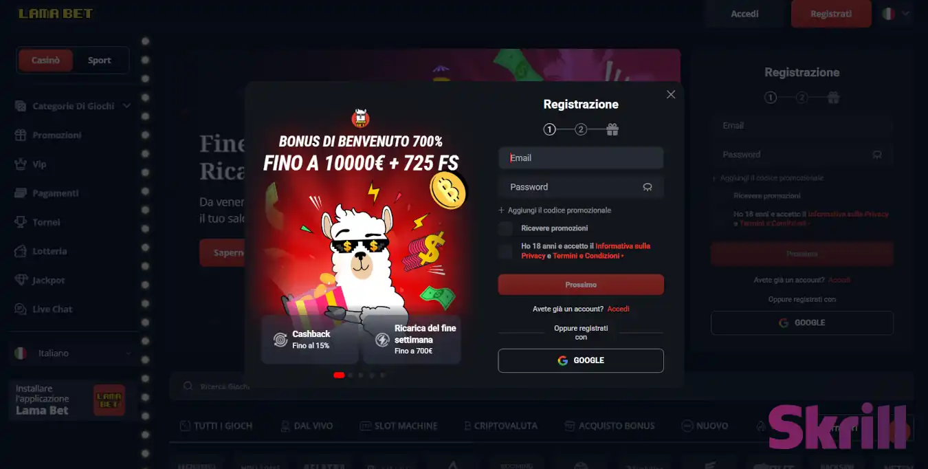 Lamabet casino e sito scommesse non AAMS Skrill