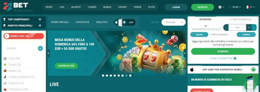 22bet casinò non AAMS deposito 1 euro