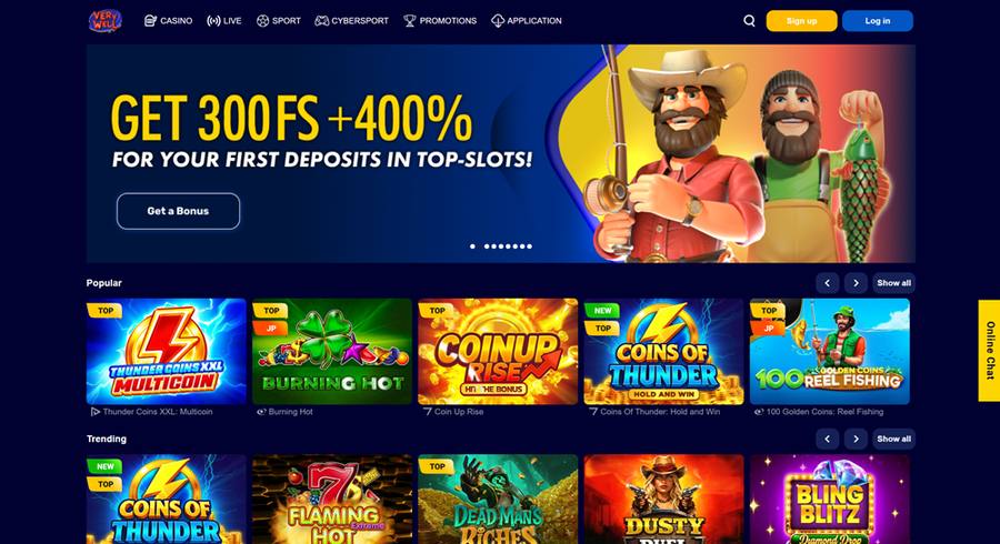 Very Well Casino homepage screenshot