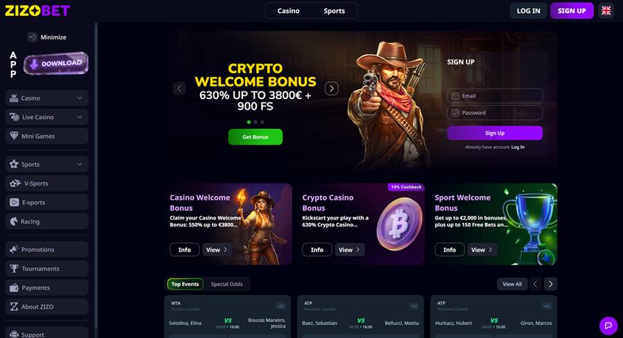 Zizobet homepage screenshot